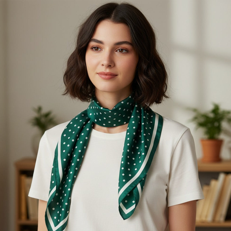 Luxe Satin Scarf – Green Polka