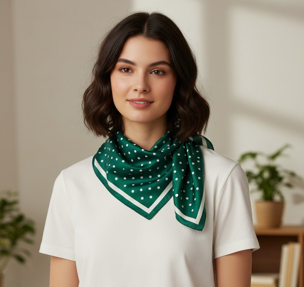 Luxe Satin Scarf – Green Polka